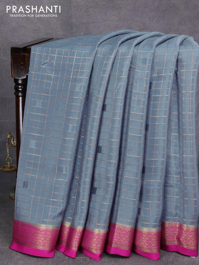 Pure mysore silk saree grey and pink with allover zari checked pattern and zari woven border - {{ collection.title }} by Prashanti Sarees