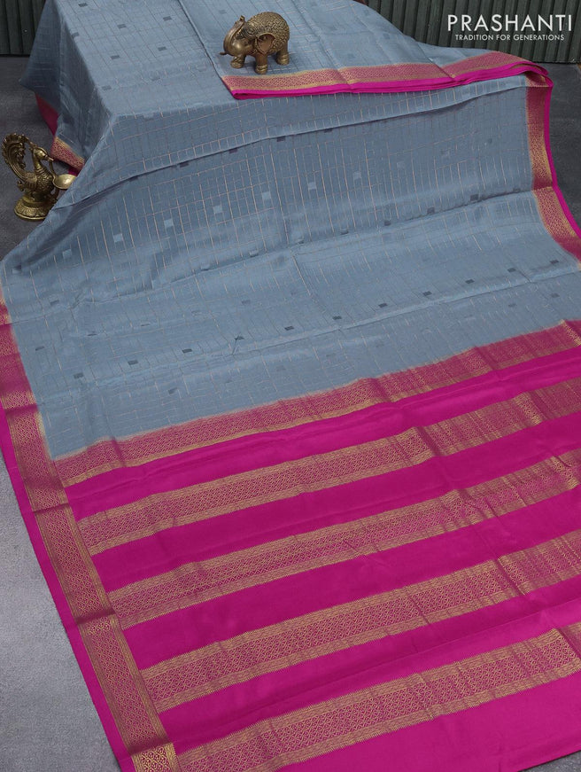 Pure mysore silk saree grey and pink with allover zari checked pattern and zari woven border - {{ collection.title }} by Prashanti Sarees