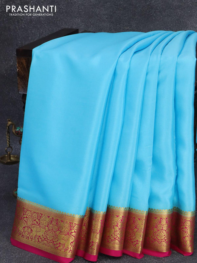 Pure mysore silk saree light blue and pink with plain body and rich zari woven border - {{ collection.title }} by Prashanti Sarees