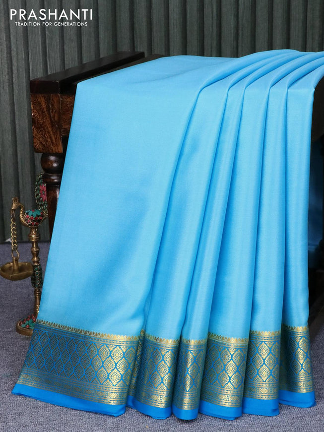 Pure mysore silk saree light blue and with plain body and zari woven border - {{ collection.title }} by Prashanti Sarees