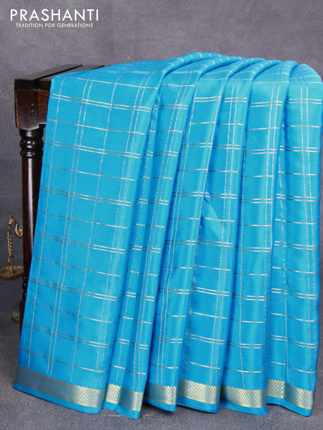 Pure mysore silk saree light blue with allover zari checked pattern and zari woven border - {{ collection.title }} by Prashanti Sarees