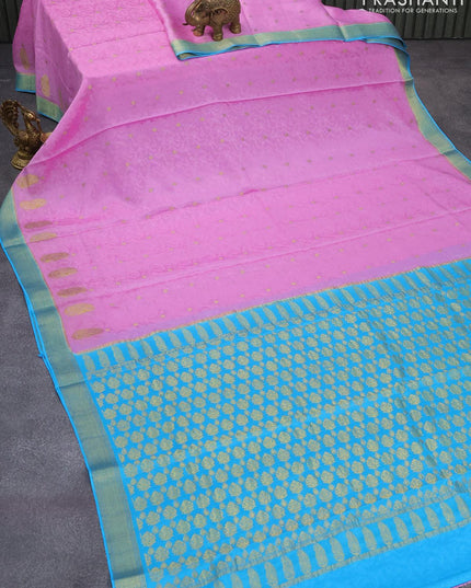 Pure mysore silk saree light pink and light blue with allover self emboss & zari buttas and zari woven border - {{ collection.title }} by Prashanti Sarees