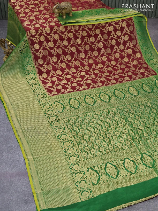 Pure mysore silk saree maroon and green with allover floral zari woven brocade weaves and long zari woven border - {{ collection.title }} by Prashanti Sarees