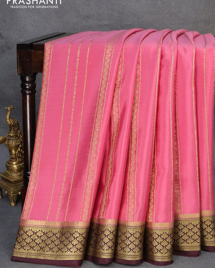 Pure mysore silk saree mauve pink and deep maroon with allover weaves and zari woven border - {{ collection.title }} by Prashanti Sarees
