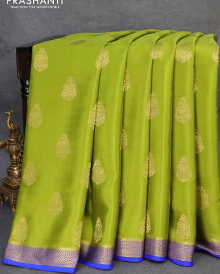 Pure mysore silk saree mehendi green and royal blue with zari woven buttas and zari woven border - {{ collection.title }} by Prashanti Sarees