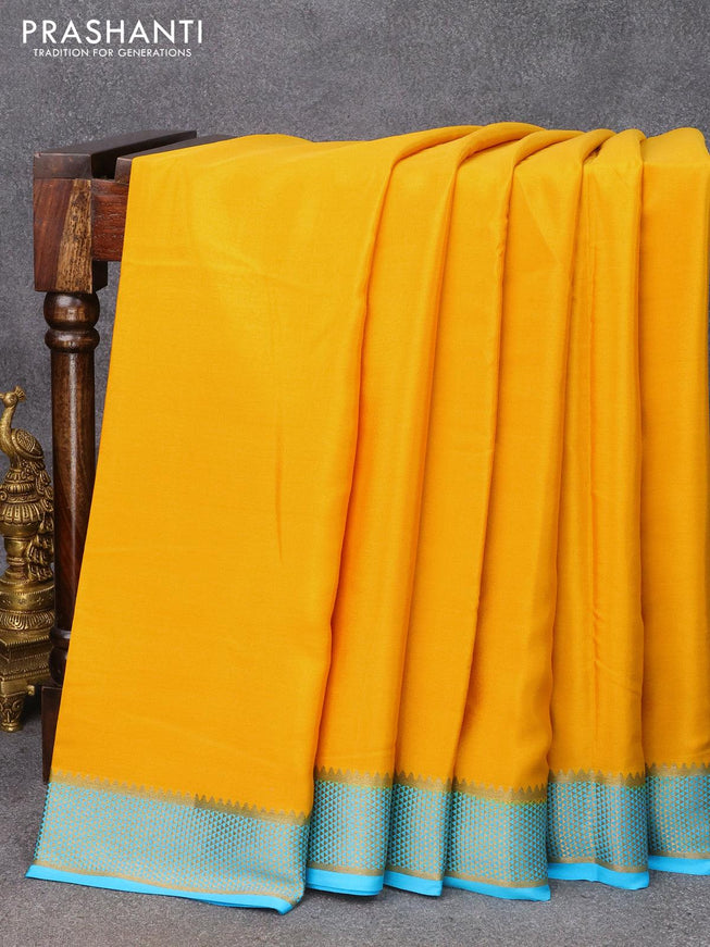 Pure mysore silk saree mustard yellow and light blue with plain body and zari woven border - {{ collection.title }} by Prashanti Sarees