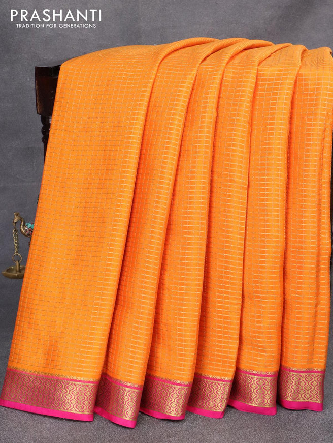 Pure mysore silk saree orange and pink with allover small zari checked pattern and zari woven border - {{ collection.title }} by Prashanti Sarees
