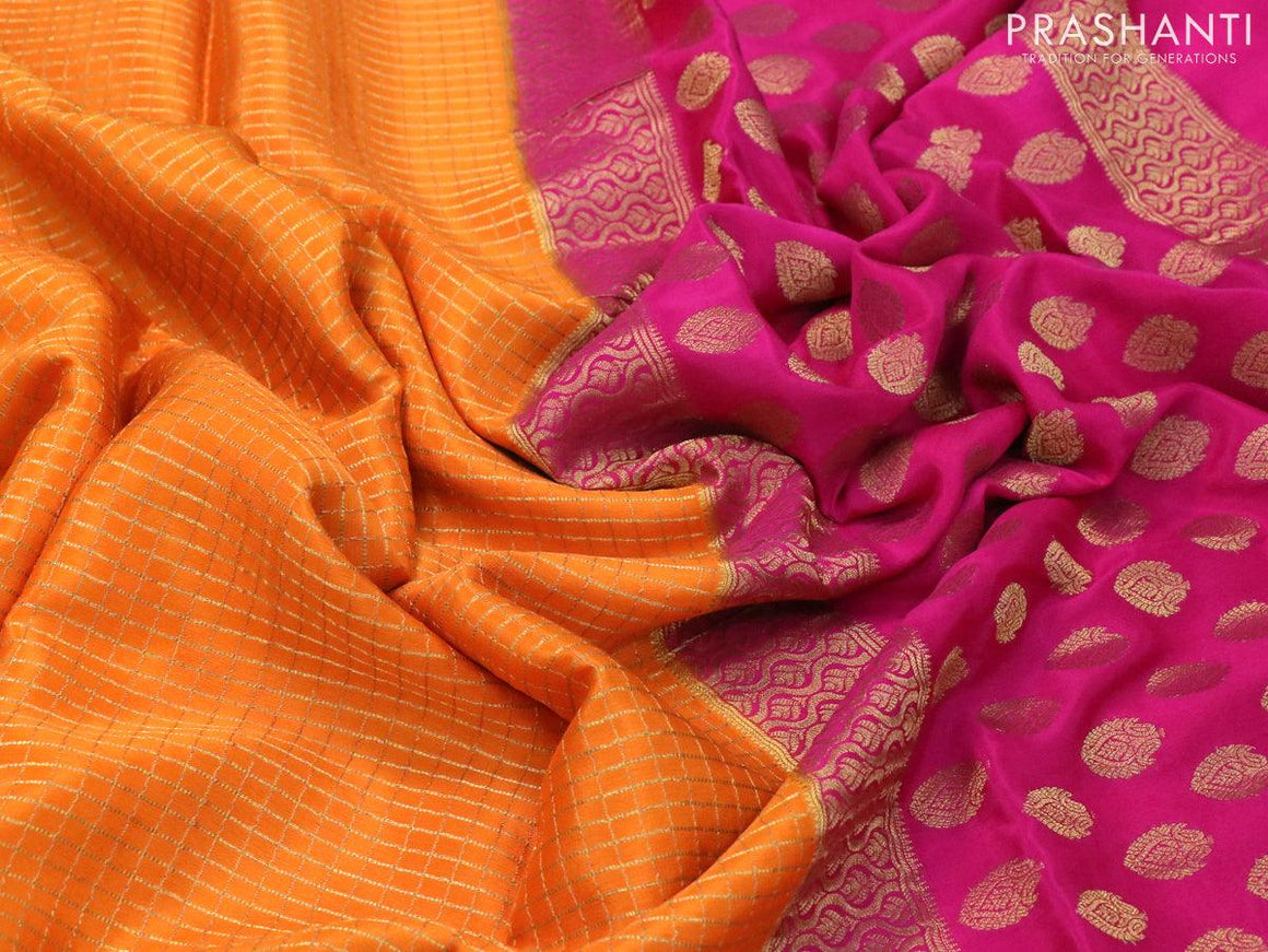 Pure mysore silk saree orange and pink with allover small zari checked pattern and zari woven border - {{ collection.title }} by Prashanti Sarees