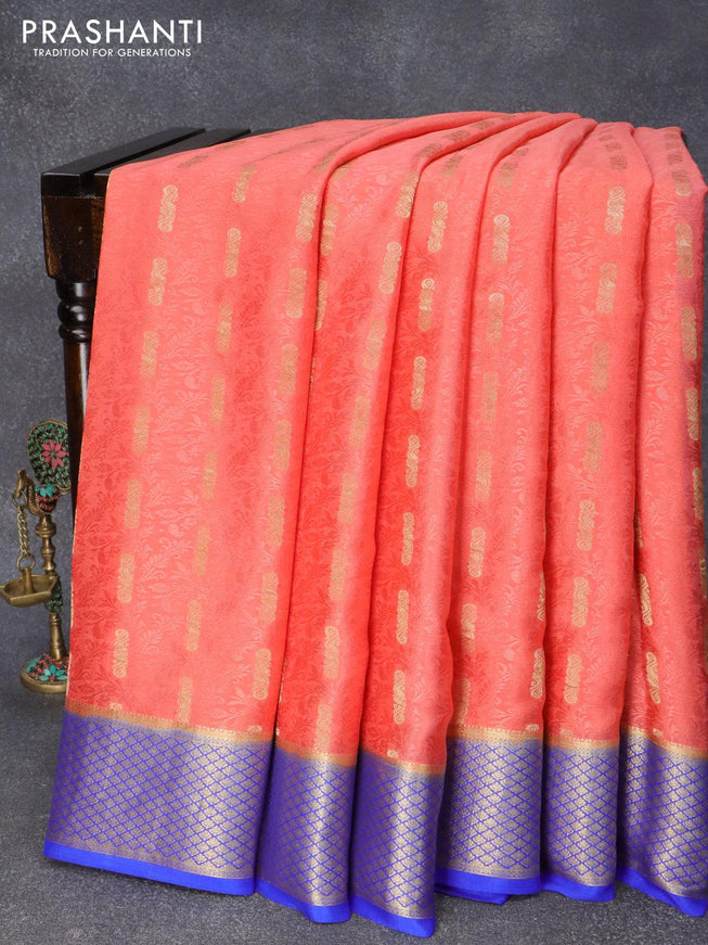 Pure mysore silk saree peach orange and blue with allover self emboss & zari buttas and zari woven border - {{ collection.title }} by Prashanti Sarees