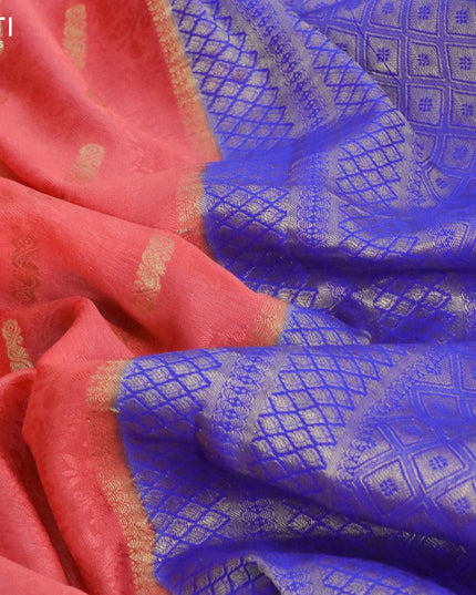 Pure mysore silk saree peach orange and blue with allover self emboss & zari buttas and zari woven border - {{ collection.title }} by Prashanti Sarees