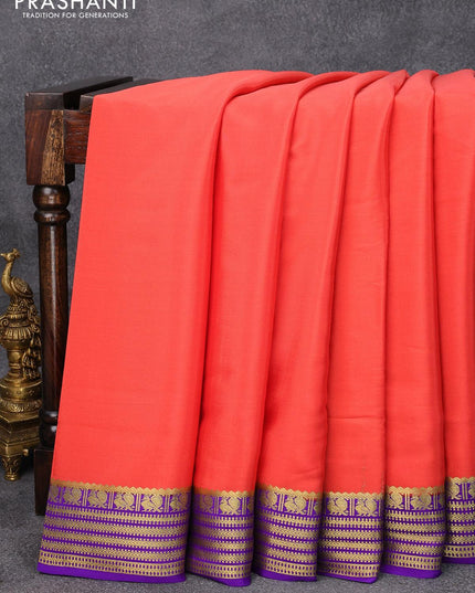 Pure mysore silk saree peach orange shade and violet with plain body and zari woven border - {{ collection.title }} by Prashanti Sarees