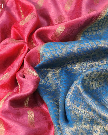 Pure mysore silk saree peach pink and cs blue with allover self emboss & zari woven buttas and zari woven border - {{ collection.title }} by Prashanti Sarees