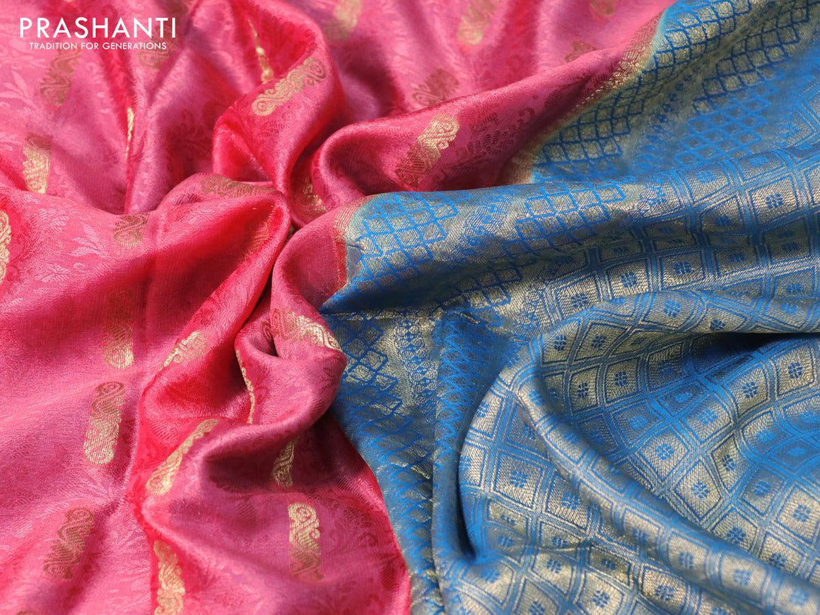 Pure mysore silk saree peach pink and cs blue with allover self emboss & zari woven buttas and zari woven border - {{ collection.title }} by Prashanti Sarees