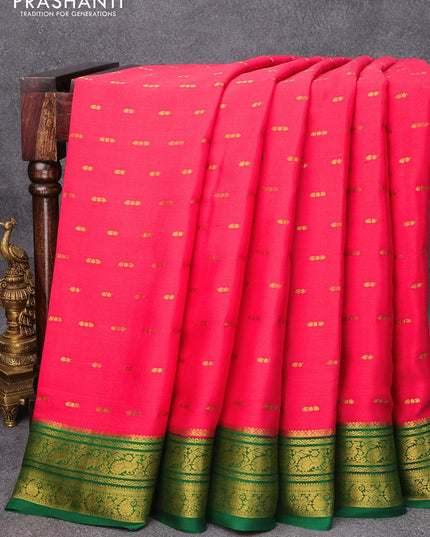 Pure mysore silk saree peachish red and green with zari woven buttas and zari woven border - {{ collection.title }} by Prashanti Sarees