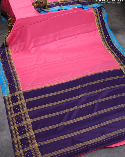 Pure mysore silk saree pink and blue cs blue with plain body and zari woven border - {{ collection.title }} by Prashanti Sarees