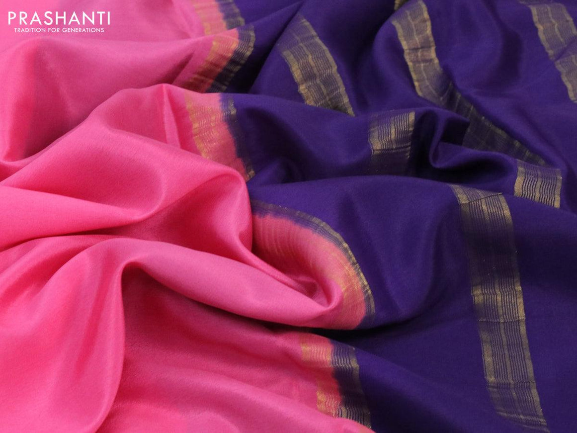 Pure mysore silk saree pink and blue cs blue with plain body and zari woven border - {{ collection.title }} by Prashanti Sarees