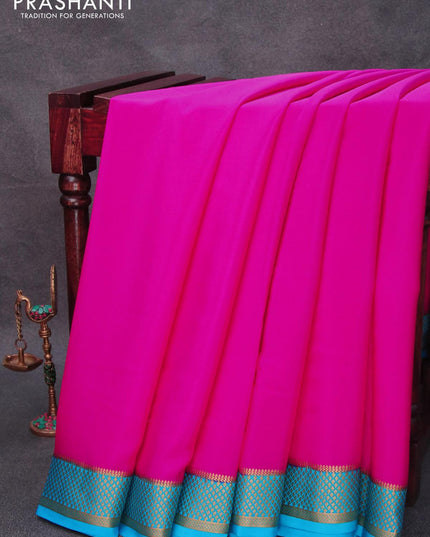 Pure mysore silk saree pink and light blue with plain body and zari woven border - {{ collection.title }} by Prashanti Sarees