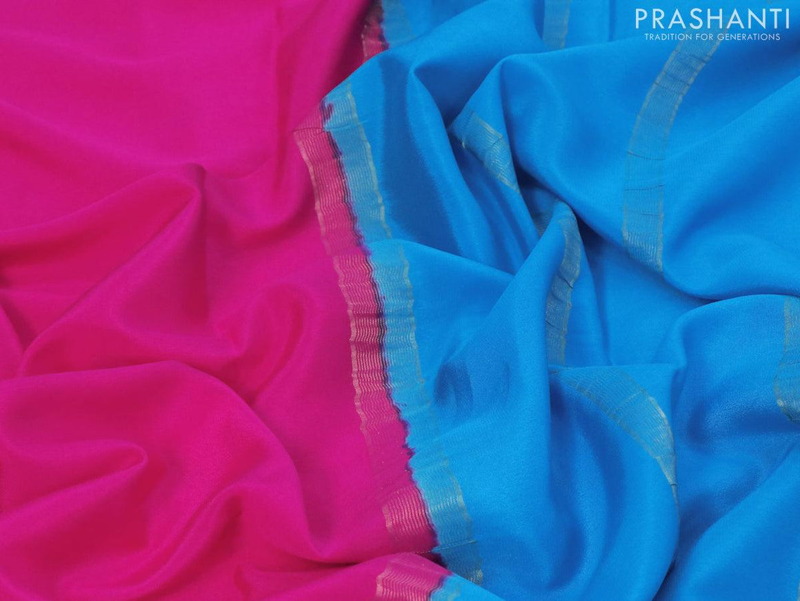 Pure mysore silk saree pink and light blue with plain body and zari woven border - {{ collection.title }} by Prashanti Sarees
