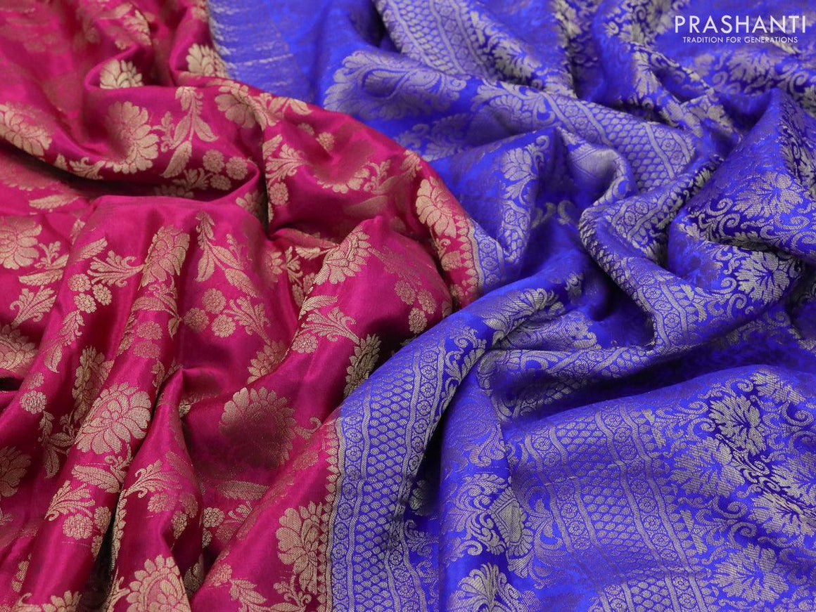 Pure mysore silk saree pink and royal blue with allover floral zari woven brocade weaves and long zari woven border - {{ collection.title }} by Prashanti Sarees