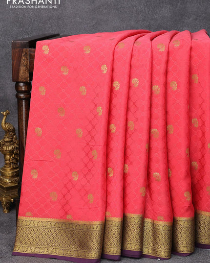 Pure mysore silk saree pink shade and violet shade with allover self emboss & zari buttas and zari woven border - {{ collection.title }} by Prashanti Sarees