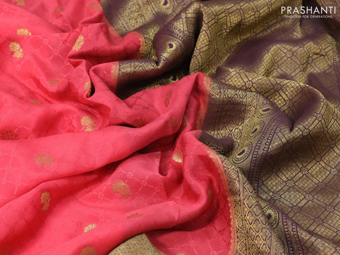 Pure mysore silk saree pink shade and violet shade with allover self emboss & zari buttas and zari woven border - {{ collection.title }} by Prashanti Sarees