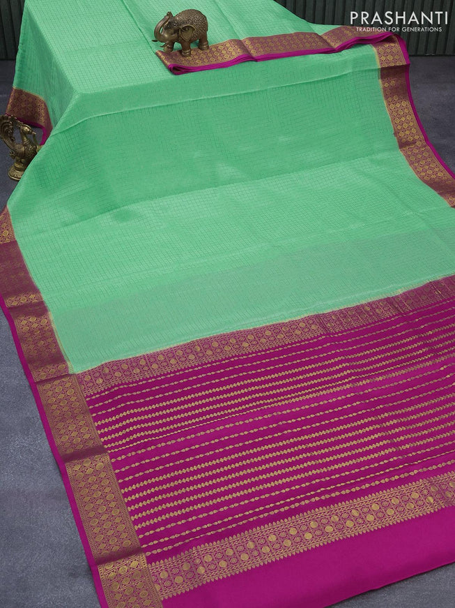 Pure mysore silk saree pista green and pink with allover zari woven geometric weaves and zari woven border - {{ collection.title }} by Prashanti Sarees