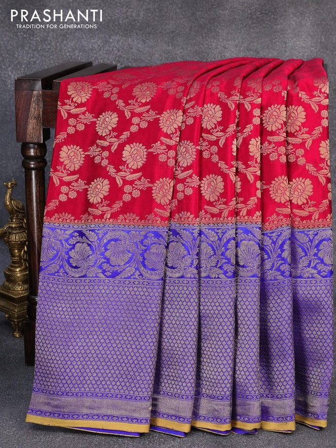 Pure mysore silk saree red and blue with allover floral zari woven brocade weaves and long zari woven border - {{ collection.title }} by Prashanti Sarees