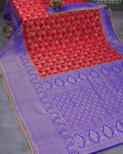 Pure mysore silk saree red and blue with allover floral zari woven brocade weaves and long zari woven border - {{ collection.title }} by Prashanti Sarees