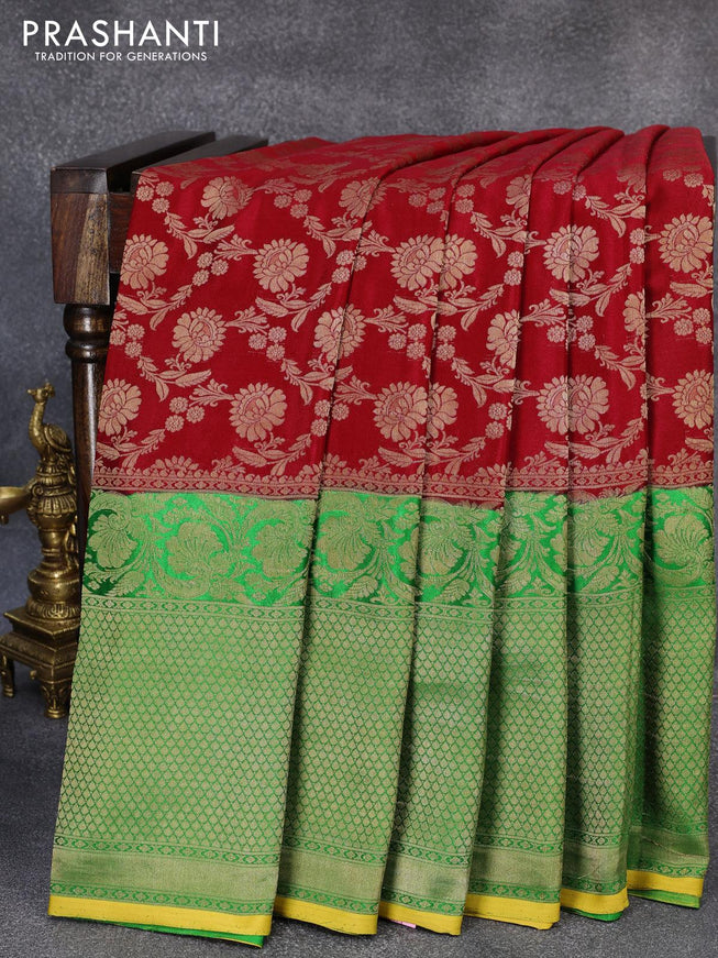 Pure mysore silk saree red and green with allover floral zari woven brocade weaves and long zari woven border - {{ collection.title }} by Prashanti Sarees