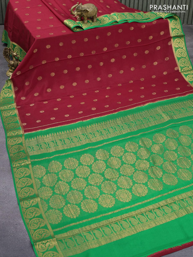 Pure mysore silk saree red and green with zari woven buttas and paisley zari woven border - {{ collection.title }} by Prashanti Sarees