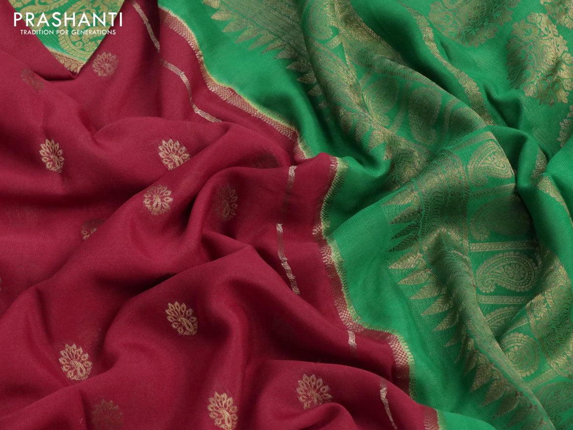 Pure mysore silk saree red and green with zari woven buttas and paisley zari woven border - {{ collection.title }} by Prashanti Sarees