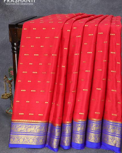 Pure mysore silk saree red and royal blue with allover zari woven buttas and peacock & paisley zari woven border - {{ collection.title }} by Prashanti Sarees