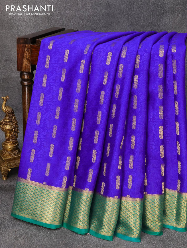 Pure mysore silk saree royal blue and teal green with allover self emboss & zari woven buttas and zari woven border - {{ collection.title }} by Prashanti Sarees
