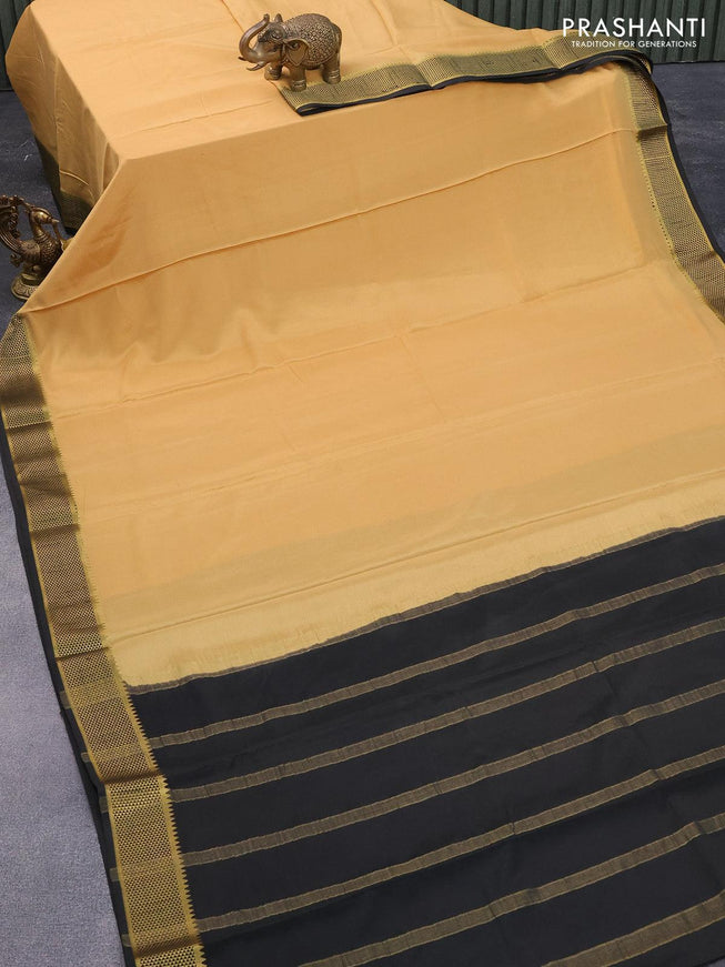 Pure mysore silk saree sandal and black with plain body and zari woven border - {{ collection.title }} by Prashanti Sarees
