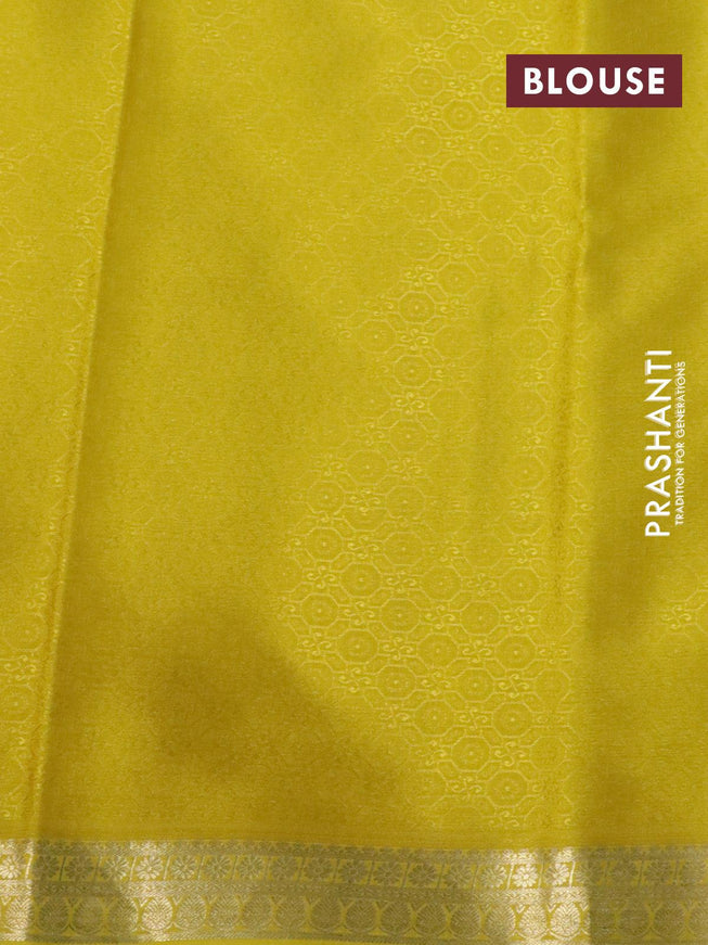 Pure mysore silk saree sandal and lime yellow with allover self emboss and zari woven border - {{ collection.title }} by Prashanti Sarees