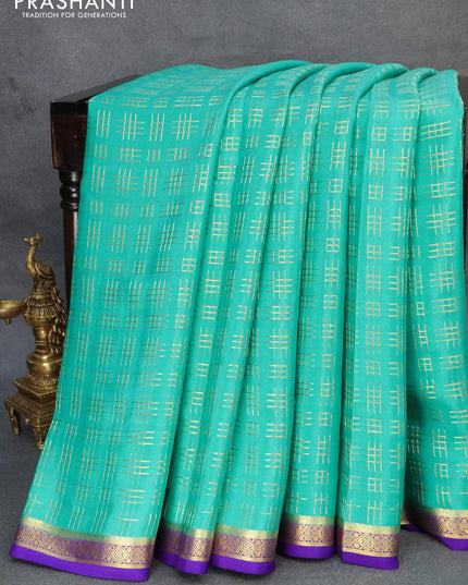 Pure mysore silk saree teal blue and blue with allover geometric zari weaves and zari woven border - {{ collection.title }} by Prashanti Sarees
