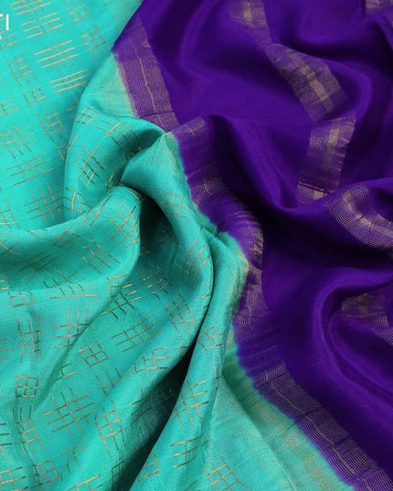 Pure mysore silk saree teal blue and blue with allover geometric zari weaves and zari woven border - {{ collection.title }} by Prashanti Sarees