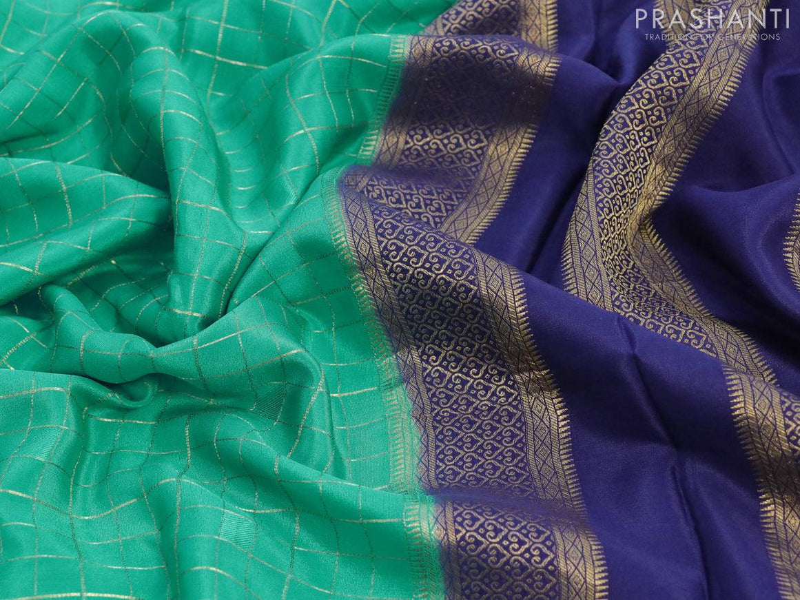 Pure mysore silk saree teal blue and blue with allover zari checked pattern and zari woven border - {{ collection.title }} by Prashanti Sarees