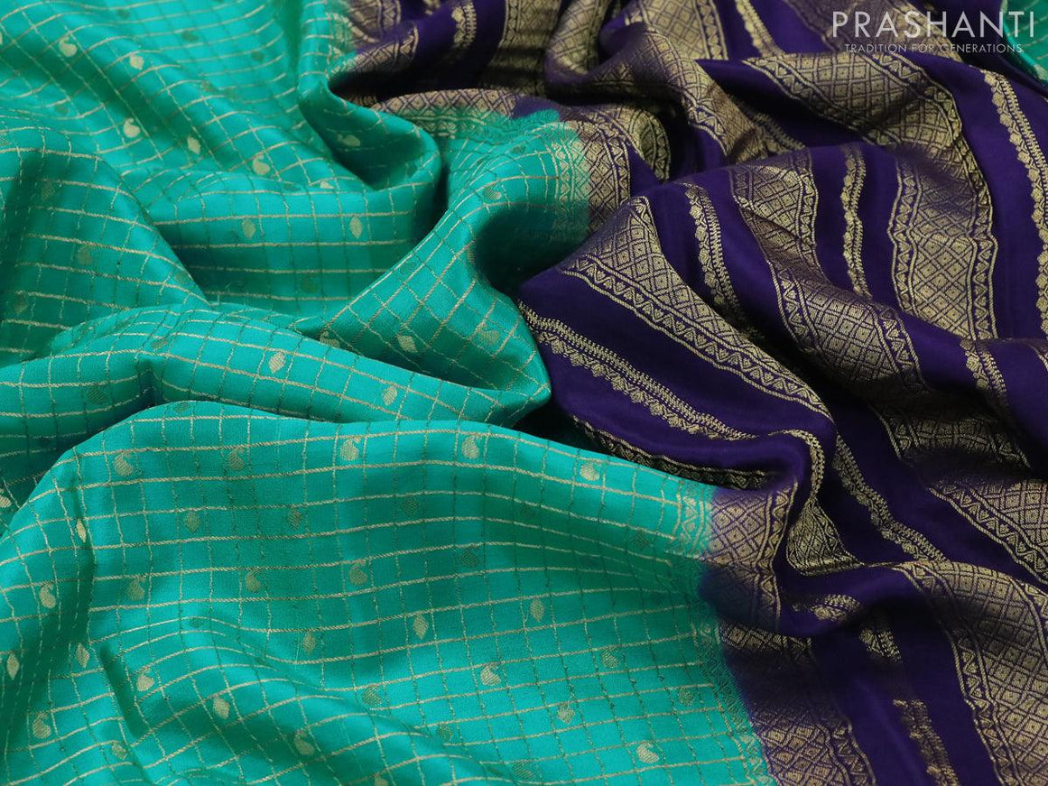 Pure mysore silk saree teal blue and blue with allover zari checks & buttas and zari woven border - {{ collection.title }} by Prashanti Sarees