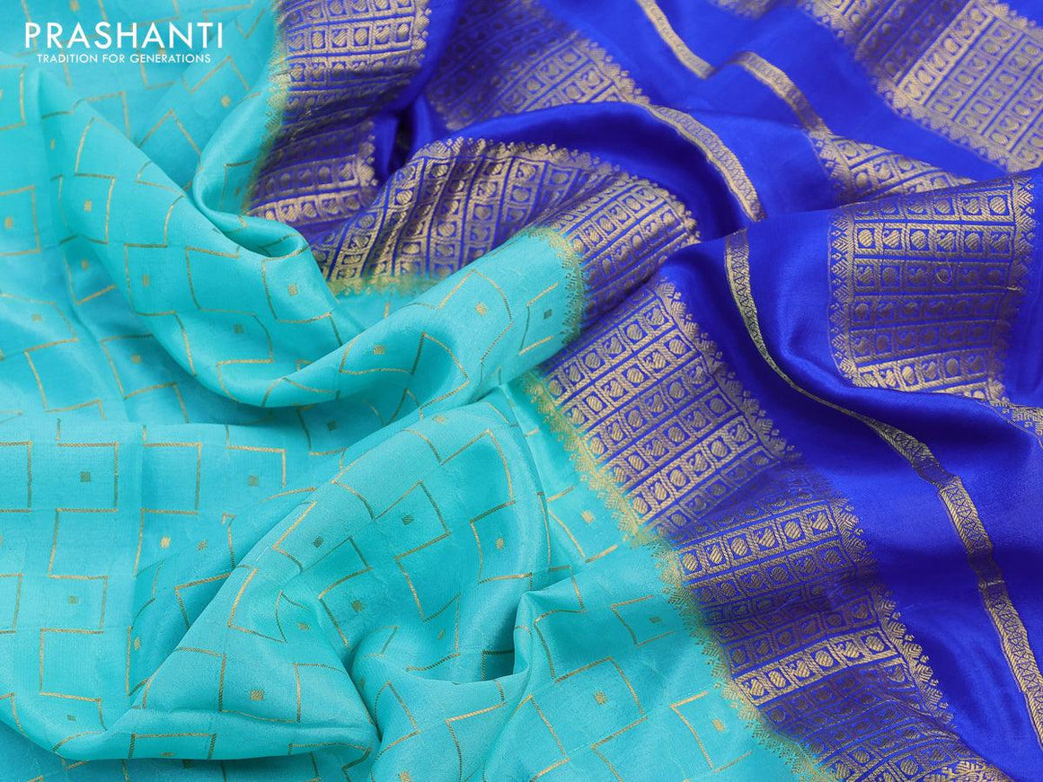 Pure mysore silk saree teal blue and blue with allover zari weaves and zari woven border - {{ collection.title }} by Prashanti Sarees