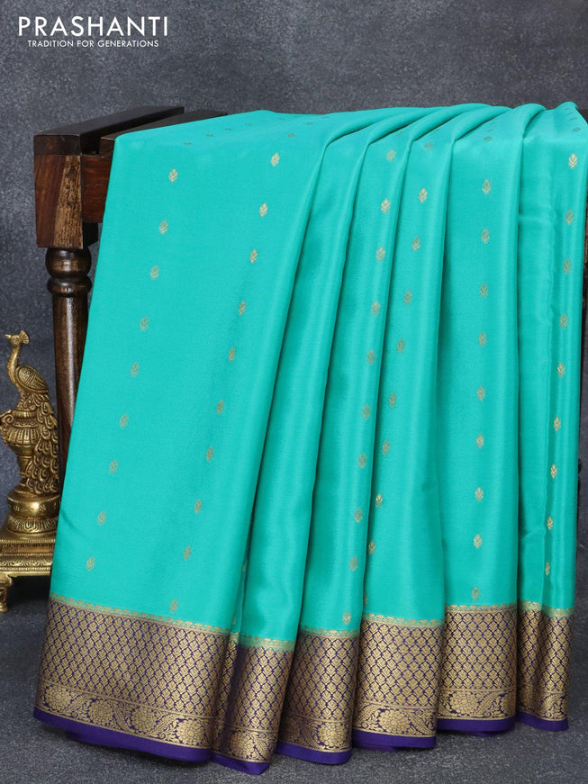 Pure mysore silk saree teal blue and blue with allover zari woven buttas and zari woven border - {{ collection.title }} by Prashanti Sarees