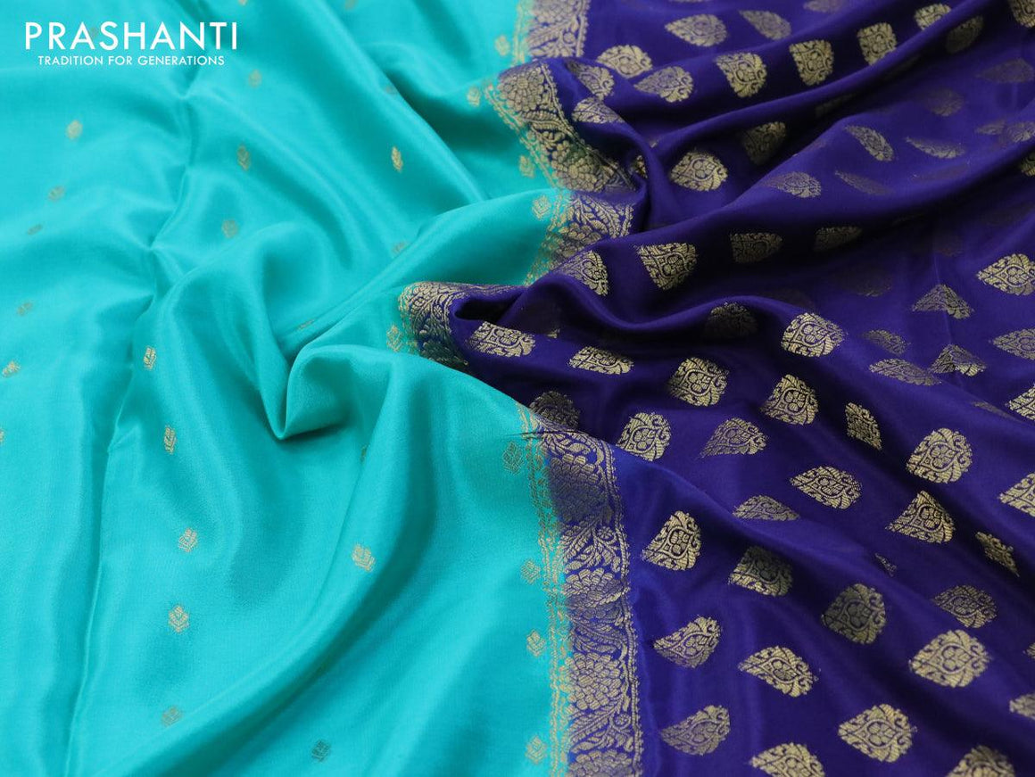 Pure mysore silk saree teal blue and blue with allover zari woven buttas and zari woven border - {{ collection.title }} by Prashanti Sarees