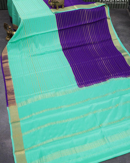 Pure mysore silk saree teal blue and blue with half & half style and zari woven border - {{ collection.title }} by Prashanti Sarees