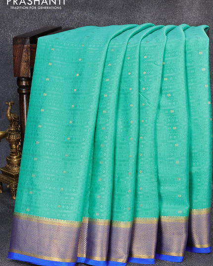 Pure mysore silk saree teal blue and royal blue with allover self emboss & zari buttas and zari woven border - {{ collection.title }} by Prashanti Sarees
