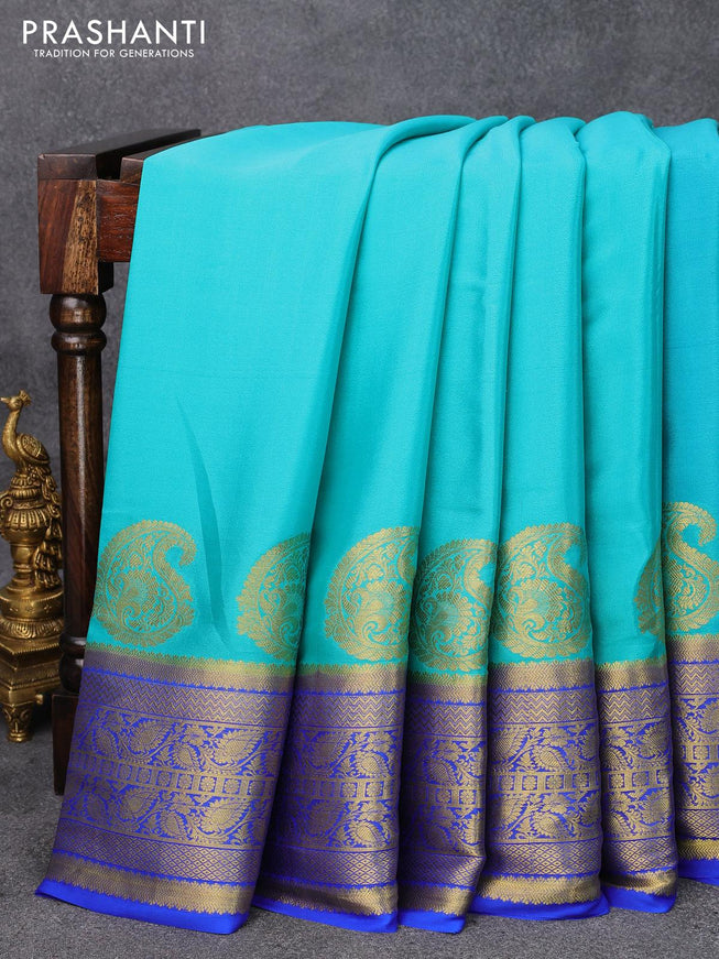 Pure mysore silk saree teal blue and royal blue with plain body and paisley zari woven border - {{ collection.title }} by Prashanti Sarees