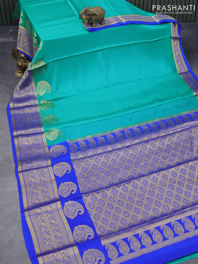 Pure mysore silk saree teal blue and royal blue with plain body and paisley zari woven border - {{ collection.title }} by Prashanti Sarees