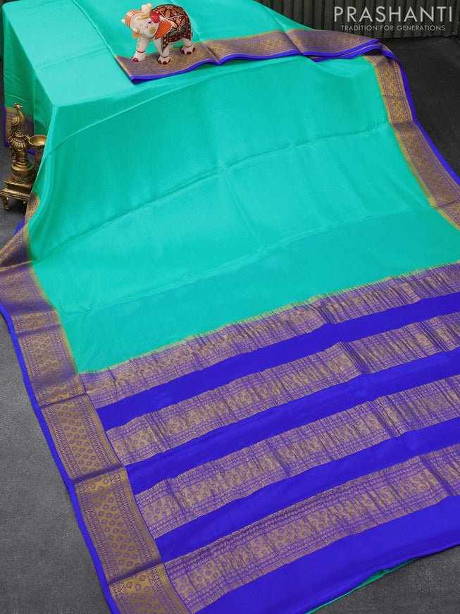 Pure mysore silk saree teal blue and royal blue with plain body and zari woven border - {{ collection.title }} by Prashanti Sarees