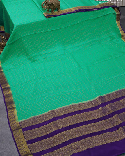 Pure mysore silk saree teal blue and violet with allover zari weaves and paisley zari woven border - {{ collection.title }} by Prashanti Sarees