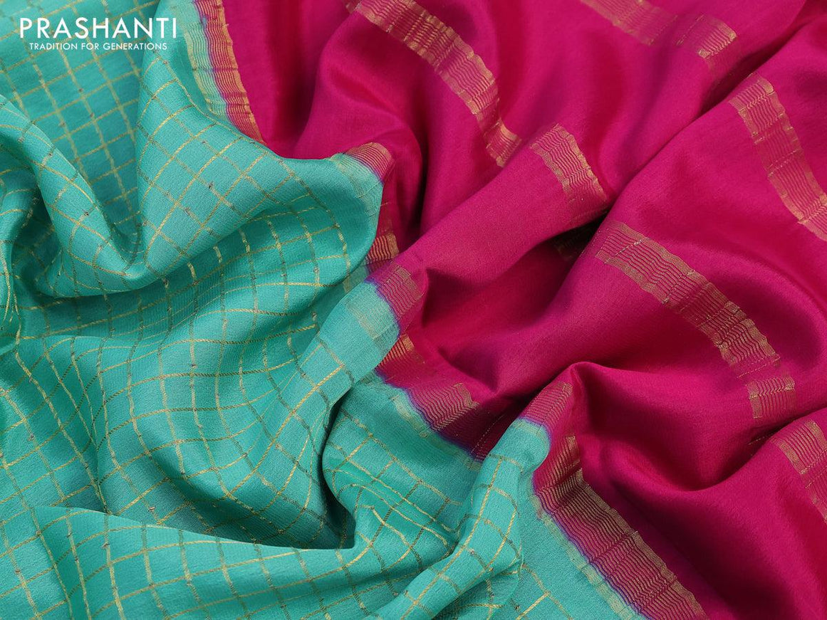 Pure mysore silk saree teal blur and pink with allover zari checked pattern and zari woven border - {{ collection.title }} by Prashanti Sarees