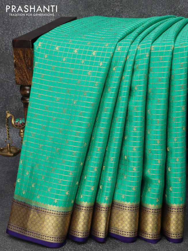 Pure mysore silk saree teal green and blue with allover zari checks & buttas and zari woven border - {{ collection.title }} by Prashanti Sarees